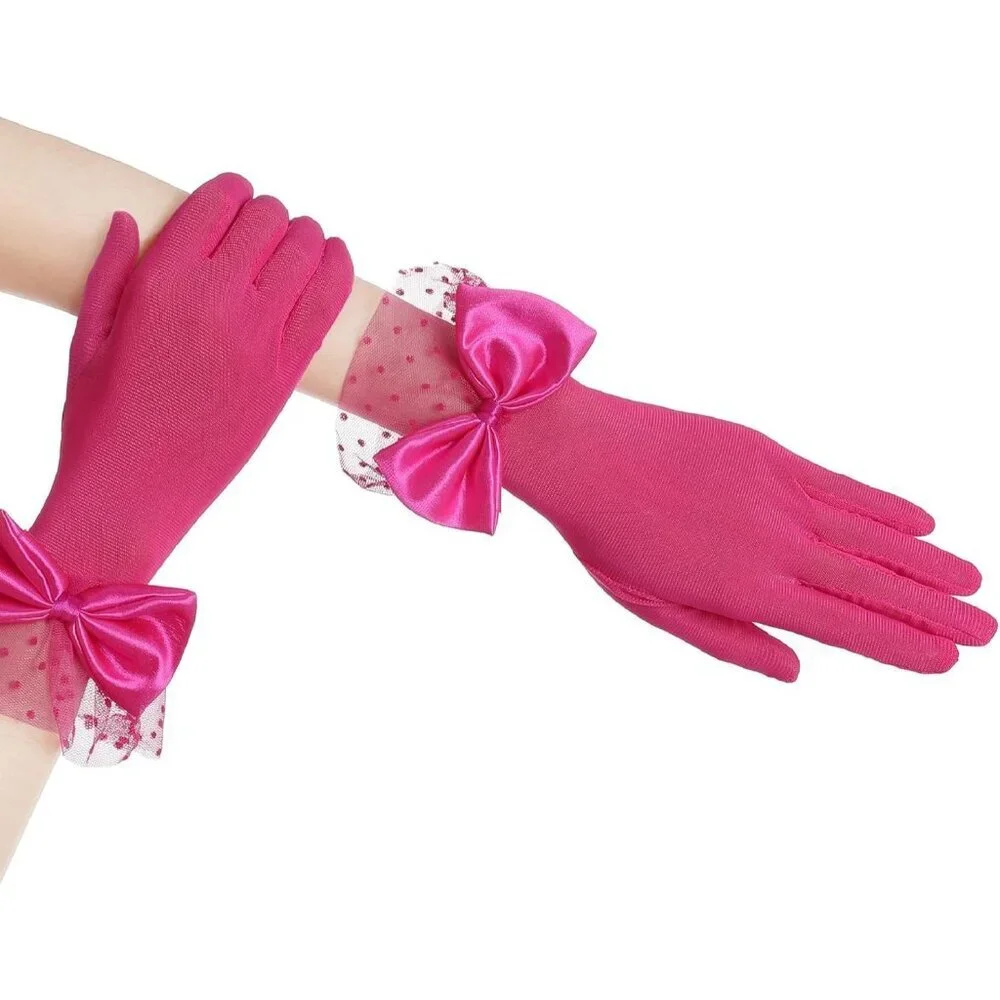 Women's Bow Gloves Rose Red Short Lace Evening Wedding Accessories Party Prom